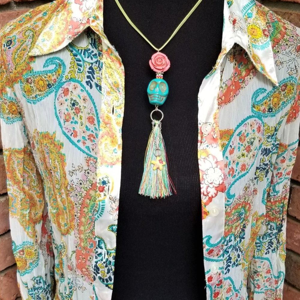 Artisan Necklace Halloween Turquoise Skull Pink Rose Tassel Green Suede Cord - Picture 3 of 6